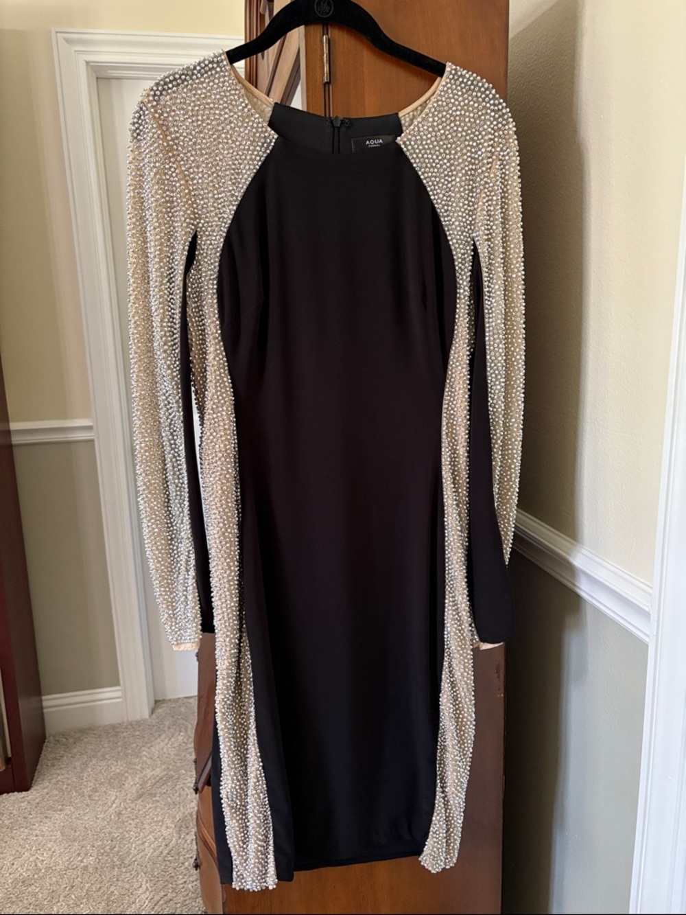 *Aqua Black Sheath Bodycon Dress Rhinestone Illusion Sleeves & Panels Sexy